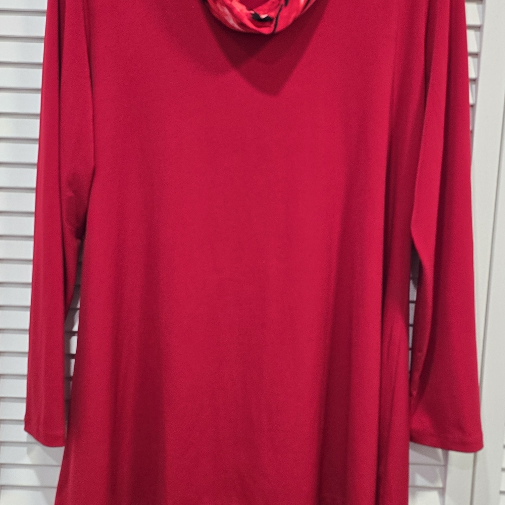 Susan Graver Long Sleeve Tunic Top in Bright Red with Cowl Neck
